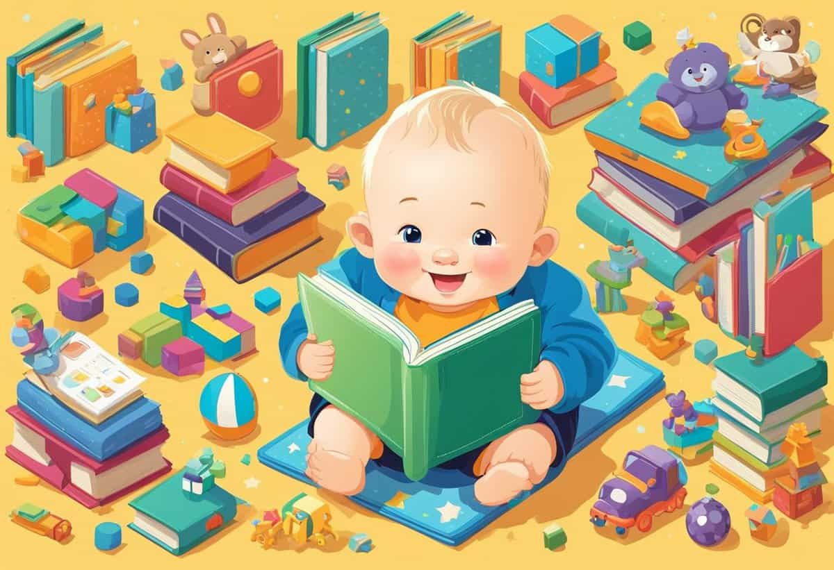 An illustration of a smiling baby reading a book amid piles of colorful books and toys.