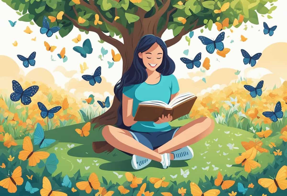 A woman reading a book under a tree surrounded by butterflies in a lush, colorful landscape.