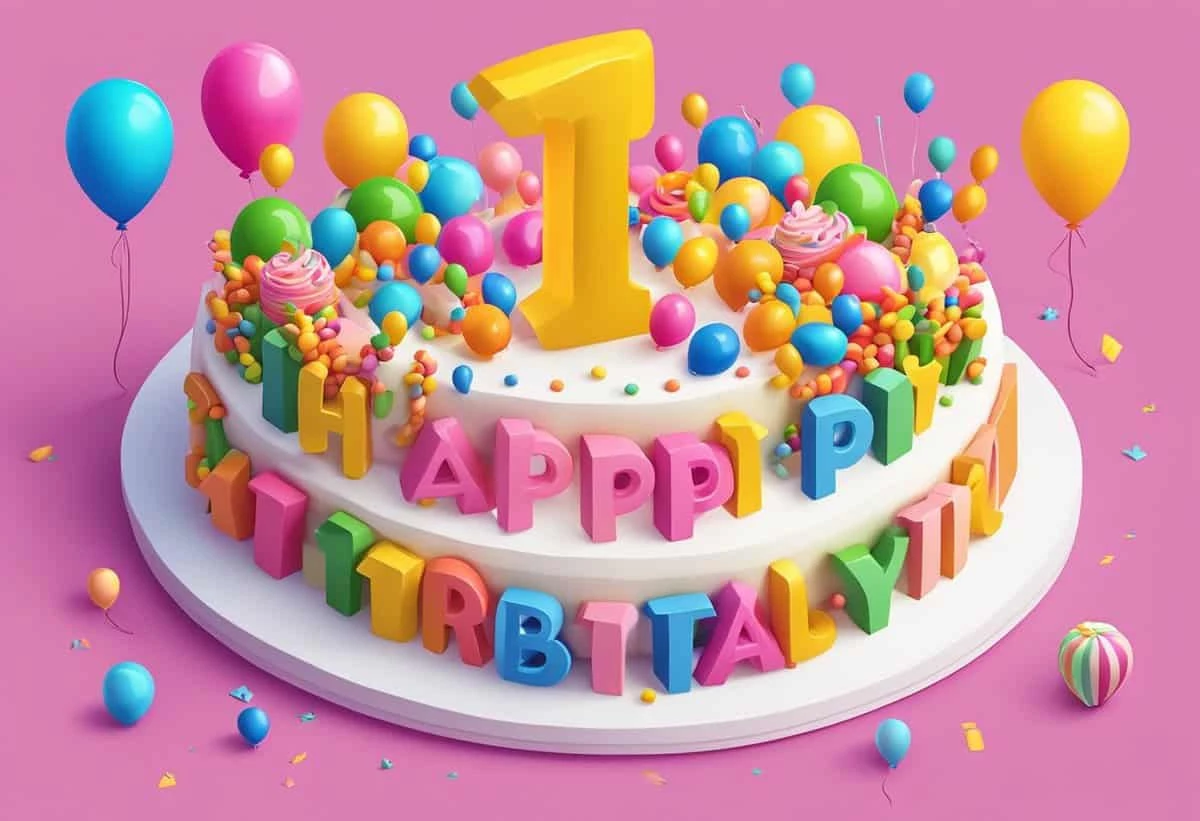 A colorful first birthday cake with balloons and decorations on a pink background.