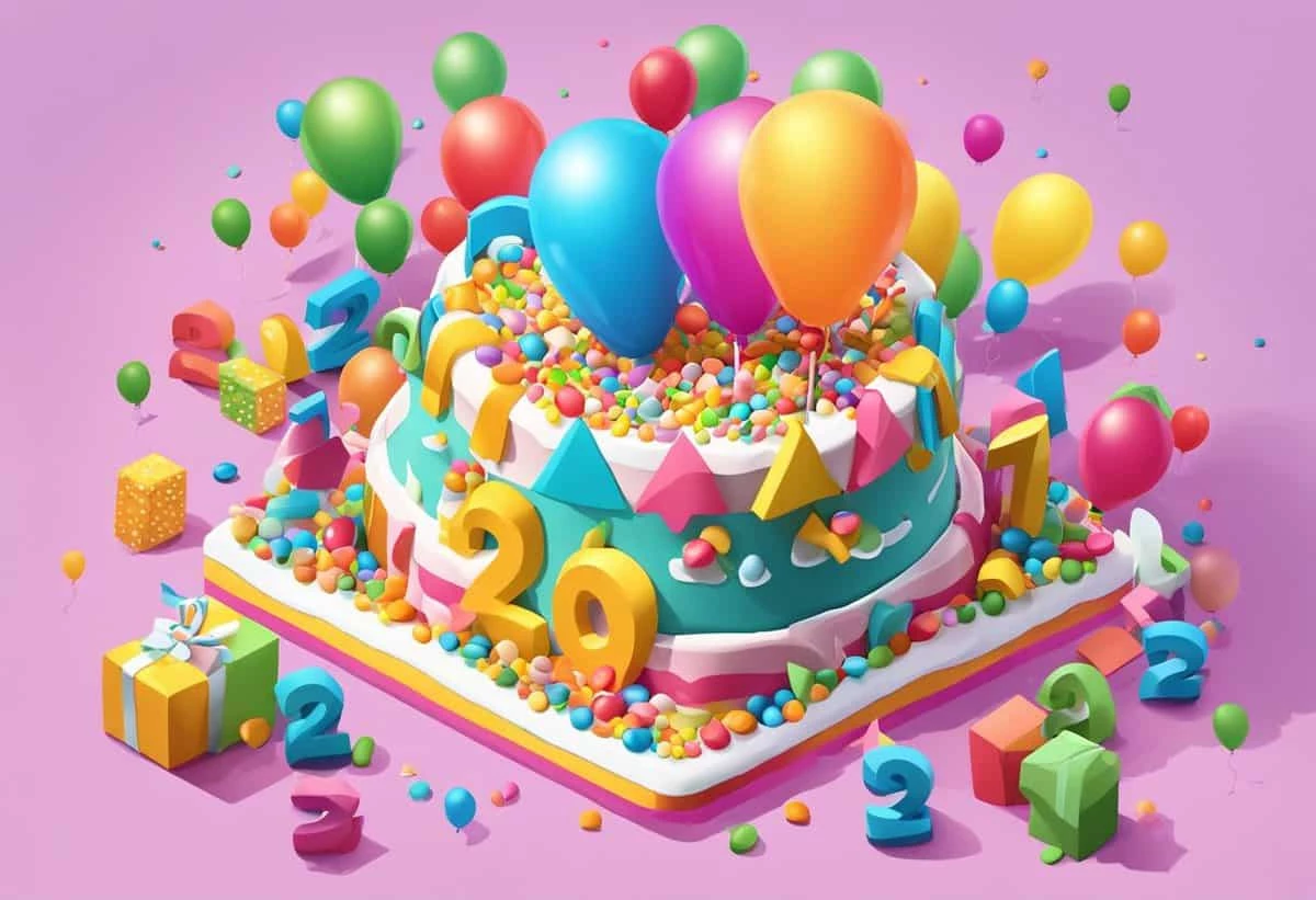 Colorful 3d illustration of a festive birthday cake with the number 26, surrounded by balloons and gifts.