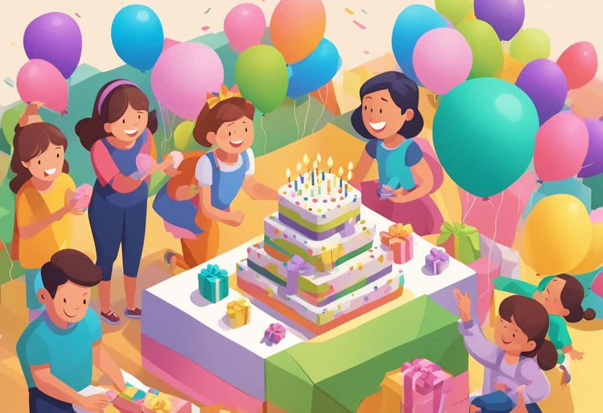 A group of animated characters celebrating at a birthday party with a large cake and colorful balloons.