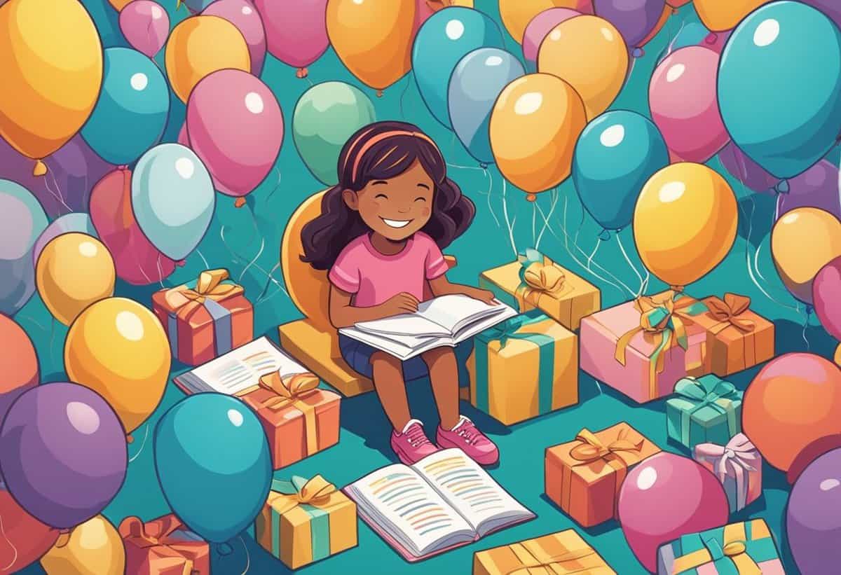 A young girl seated and reading a book surrounded by colorful balloons and gift boxes.