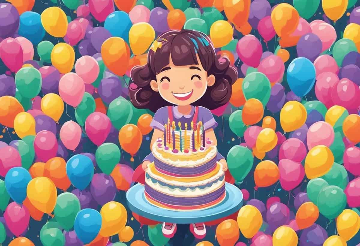 A happy animated girl holding a birthday cake surrounded by colorful balloons.