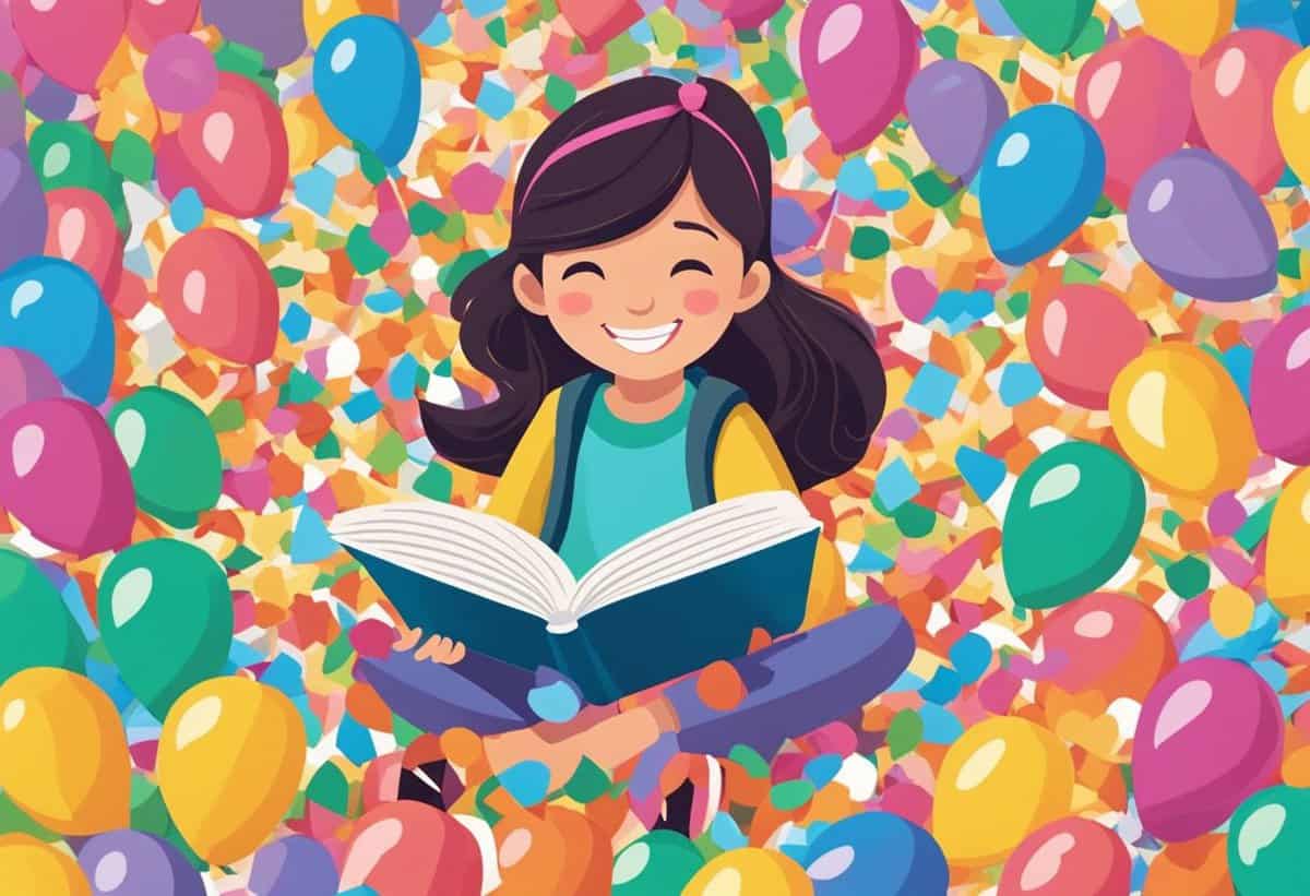 A cheerful young girl reading a book surrounded by colorful balloons.