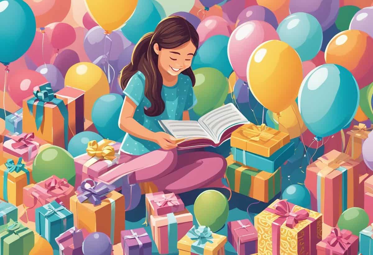 A girl sits and reads a book surrounded by colorful balloons and a variety of wrapped gifts.