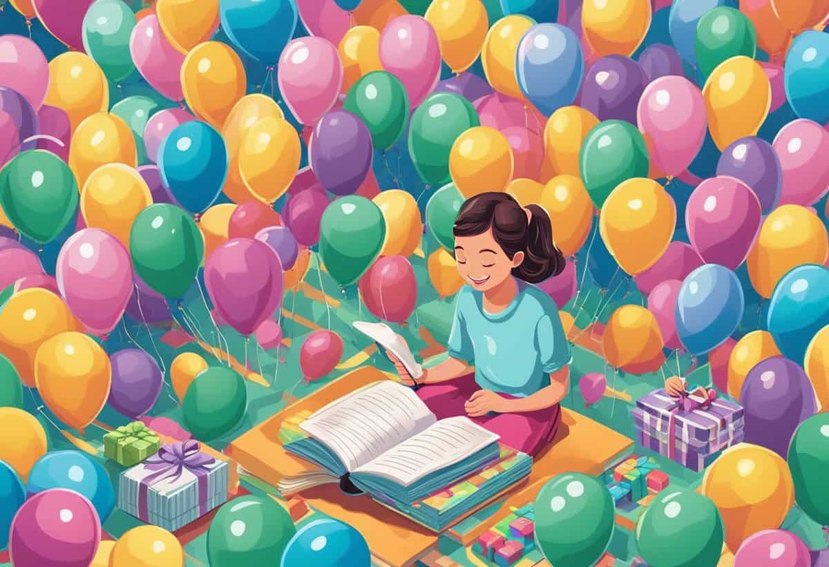 A young girl reading a book surrounded by colorful balloons and gifts.