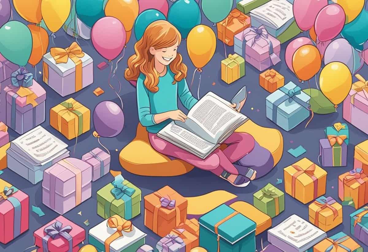 A woman smiling as she reads a book, surrounded by colorful gifts and balloons.