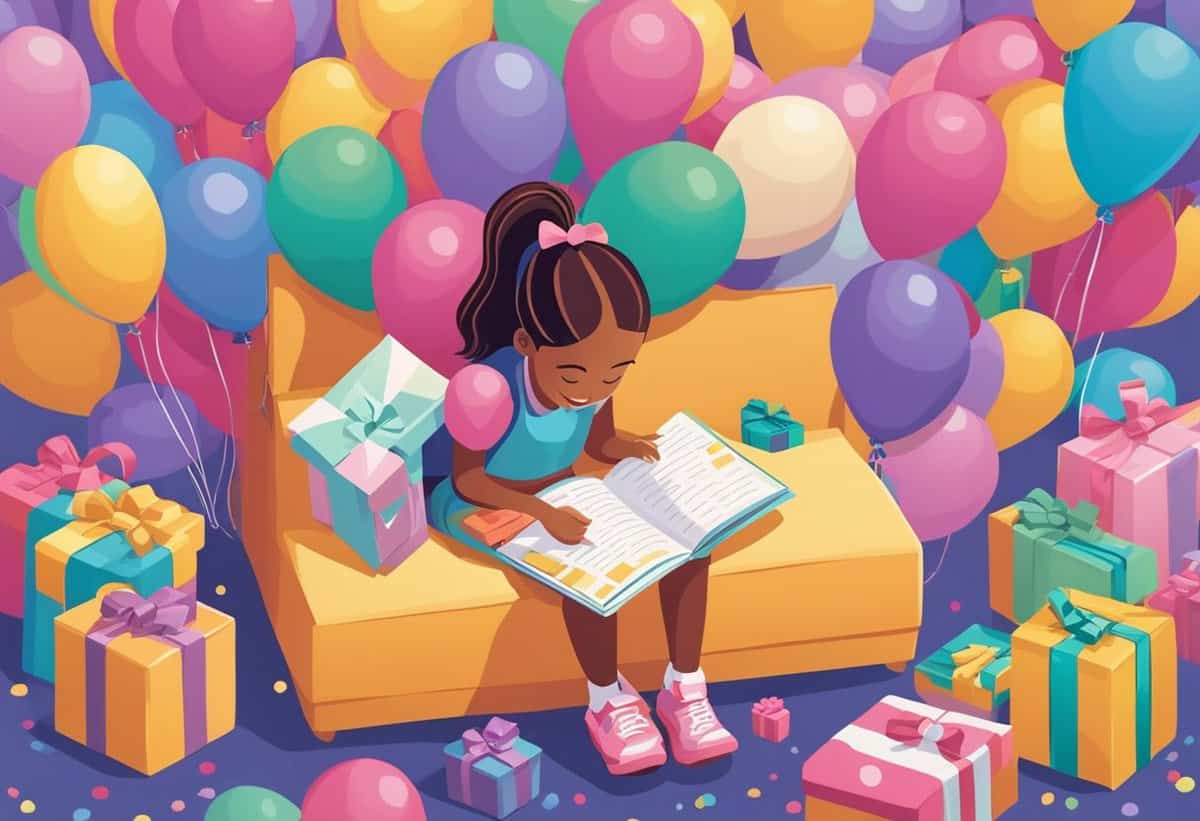 A girl sitting and reading a book surrounded by colorful balloons and gift boxes.