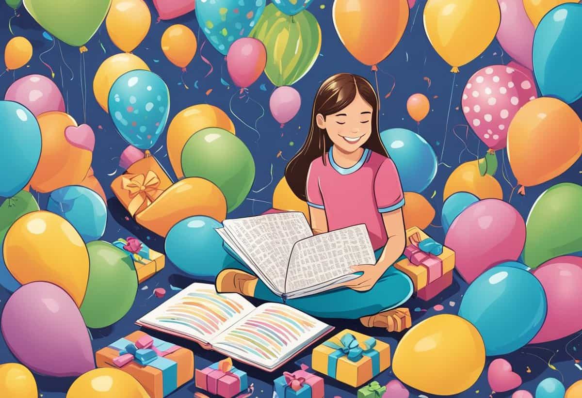A girl reading a book surrounded by colorful balloons and gifts.