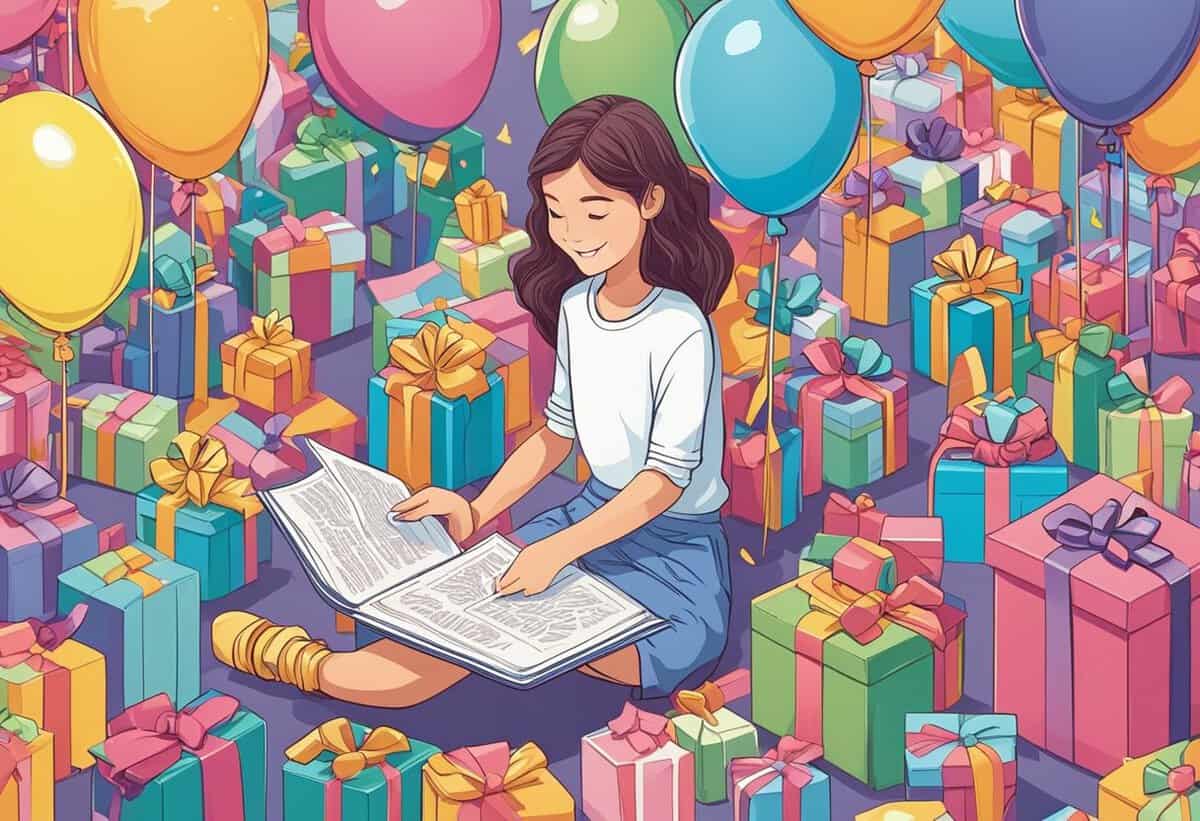 A woman reading a newspaper surrounded by a multitude of colorful gifts and balloons.