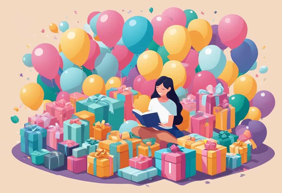 Woman reading a book surrounded by gifts and balloons.