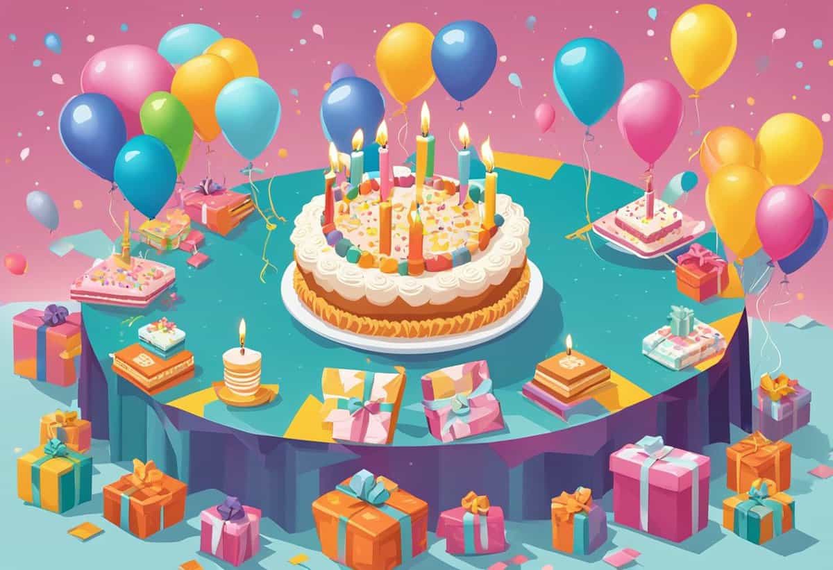 Illustration of a festive birthday scene with cakes, gifts, and balloons on a floating island.