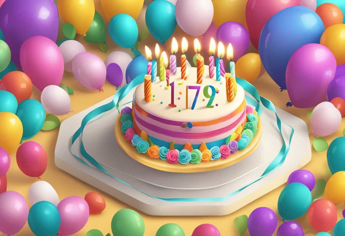 A colorful birthday cake with candles displaying ":)", surrounded by a multitude of vibrant balloons.