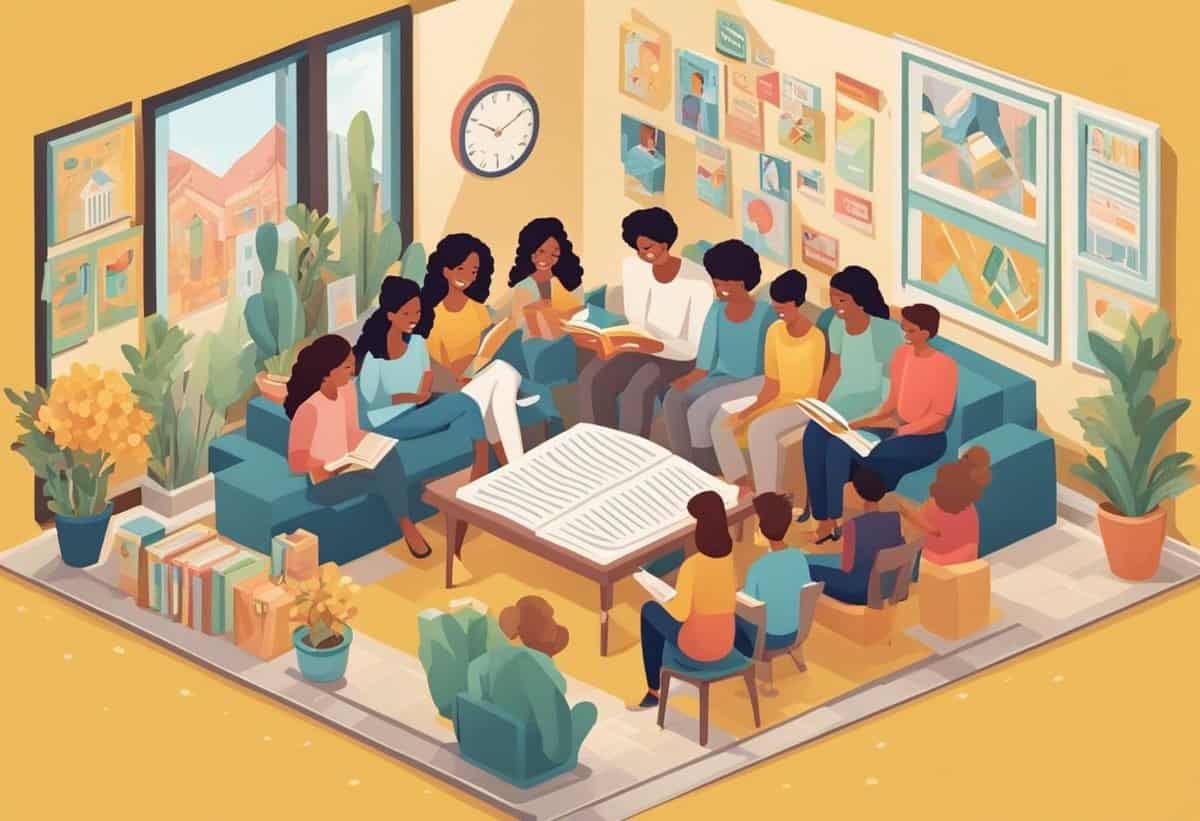 Illustration of a diverse group of women engaged in a book club discussion in a cozy, well-decorated living room.
