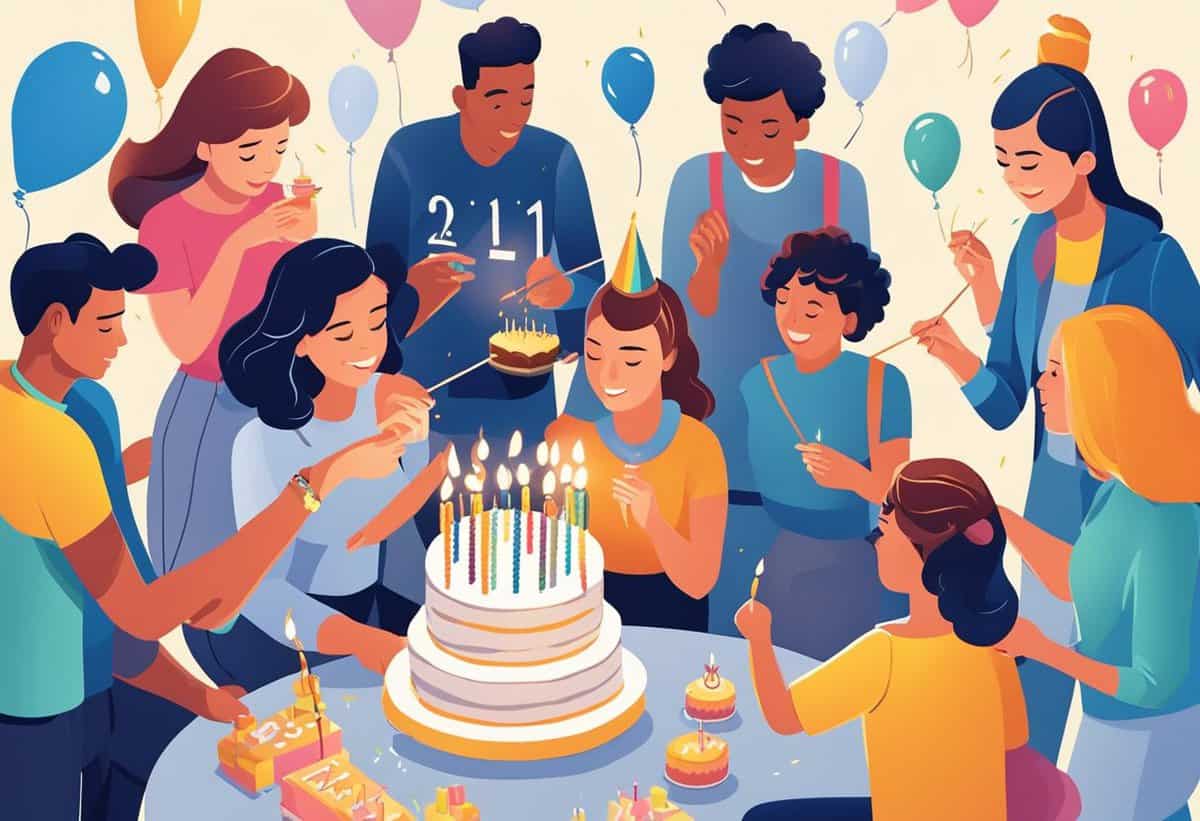 A group of people celebrating a birthday with a cake and balloons.