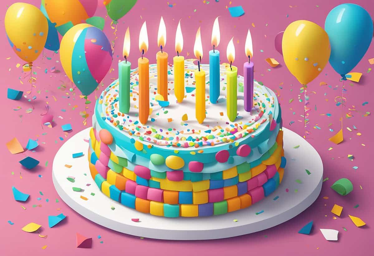 Colorful birthday cake with lit candles surrounded by balloons and confetti on a pink background.