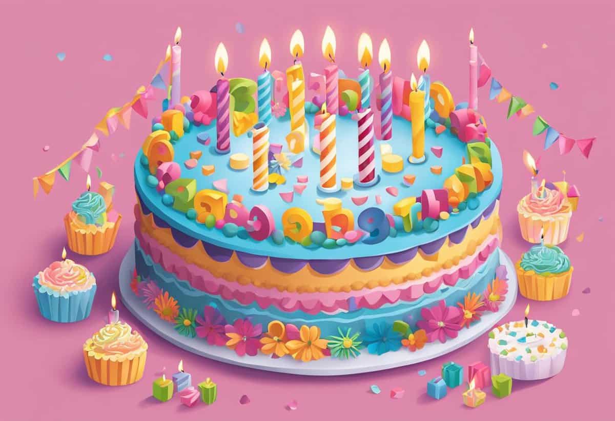 A colorful birthday cake with lit candles, surrounded by cupcakes and decorations on a pink background.