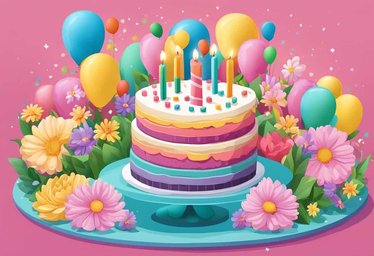 Colorful birthday cake with candles surrounded by balloons and flowers on a pink background.