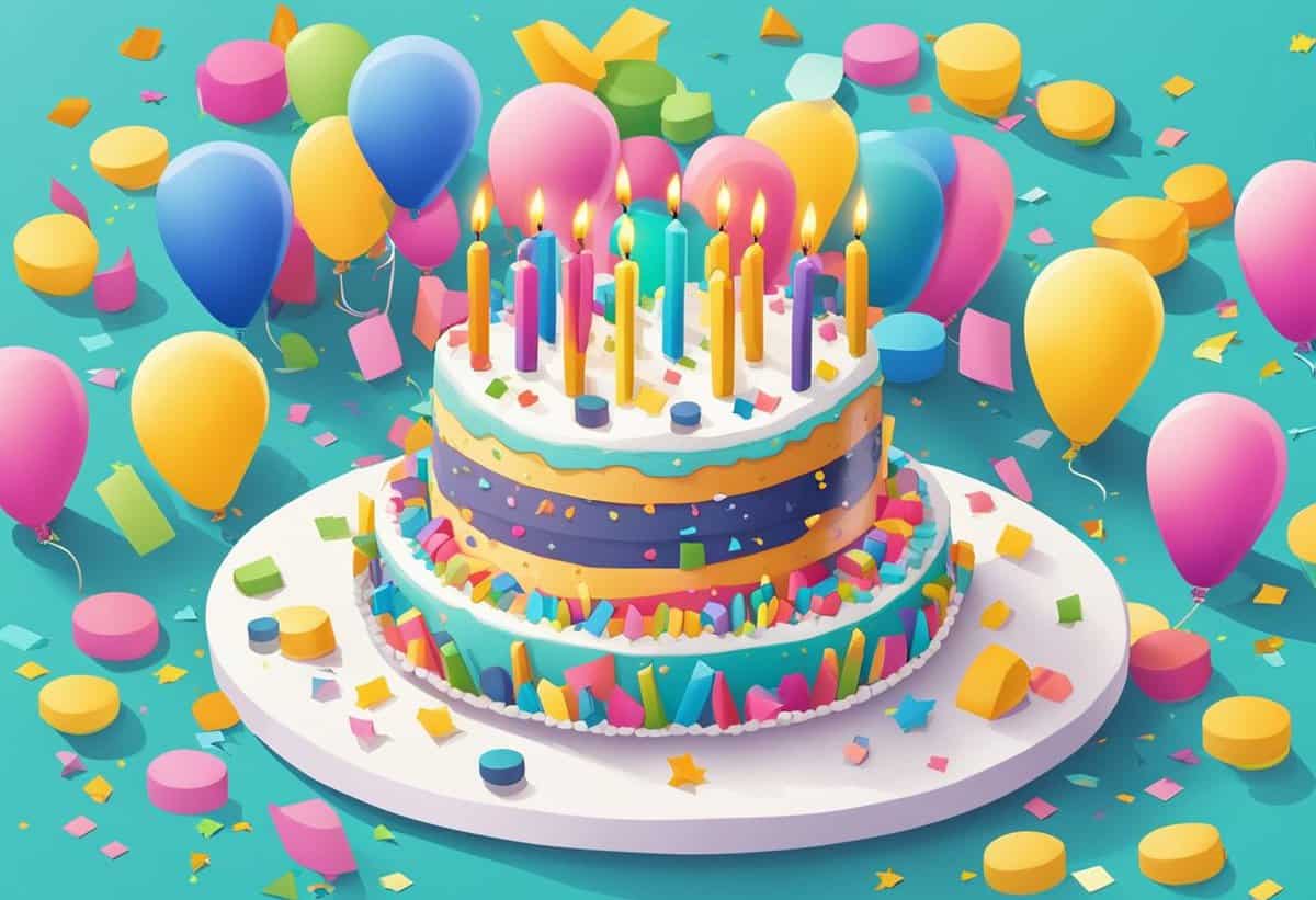Colorful birthday cake with candles surrounded by balloons and confetti.