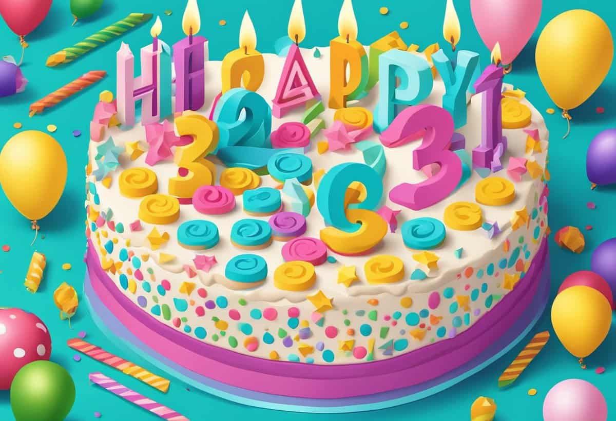 A colorful birthday cake with the message "happy 33rd" surrounded by balloons and confetti.