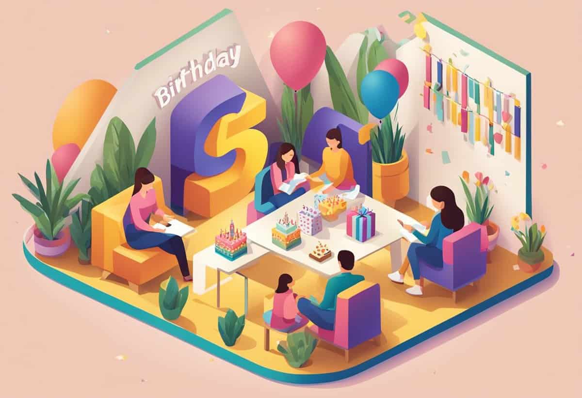 An isometric illustration of a birthday party with guests enjoying cake and gifts in a decorated room with balloons and plants.