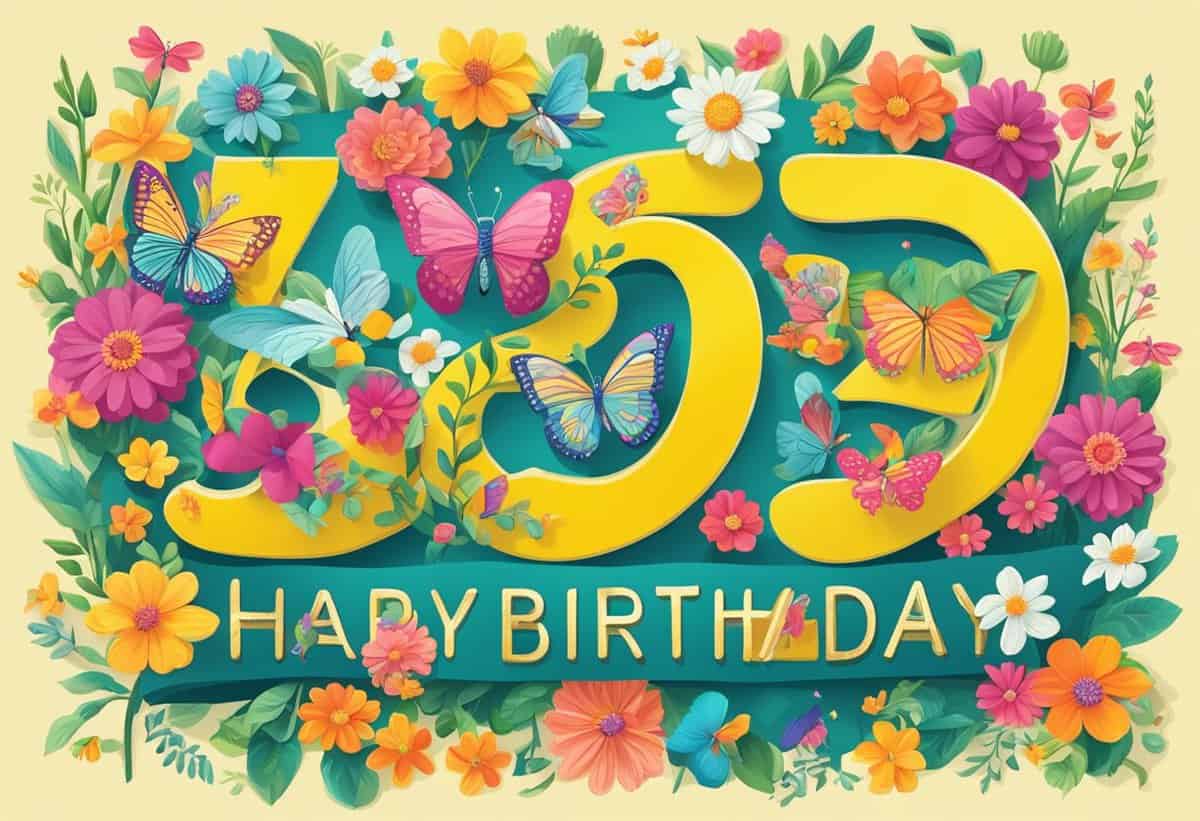 Colorful "Happy Birthday" message with large yellow letters surrounded by bright flowers and butterflies on a teal background.