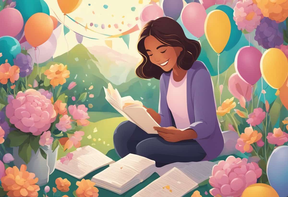 A woman reading a book surrounded by colorful balloons and flowers.