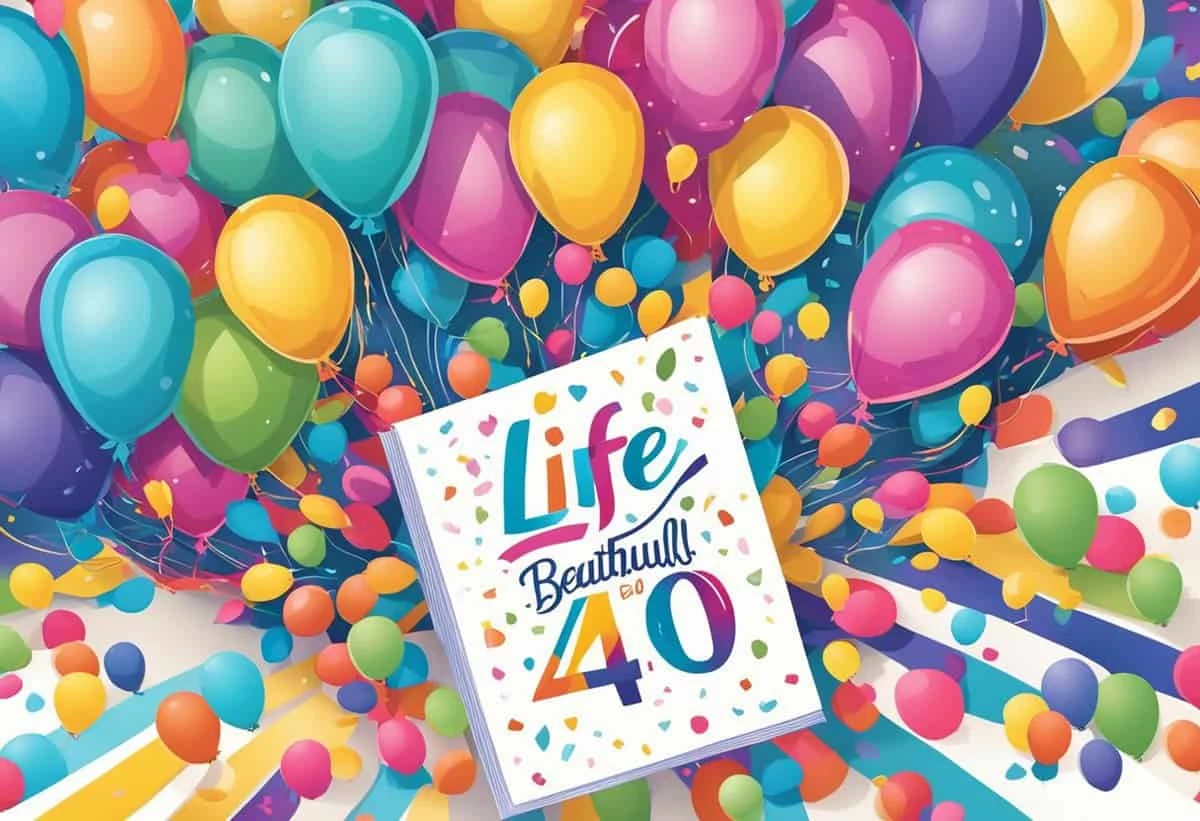 Colorful balloons and confetti celebrating the 40th anniversary with a card that reads "life is beautiful at 40.