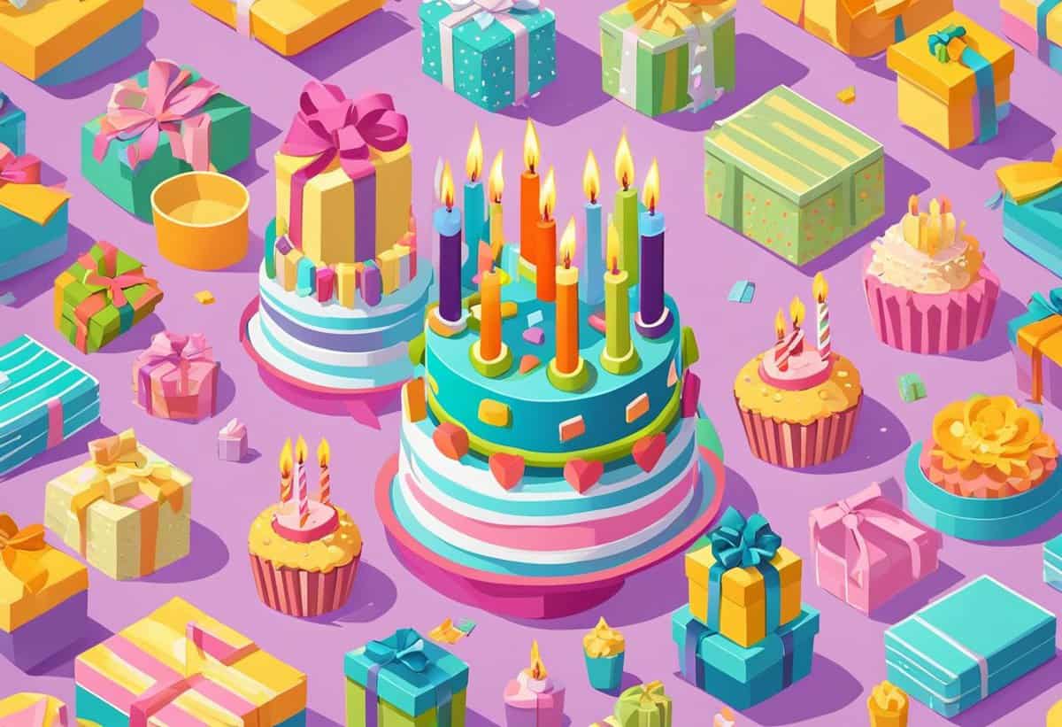 A vibrant illustration of a birthday cake with candles surrounded by gifts and cupcakes.
