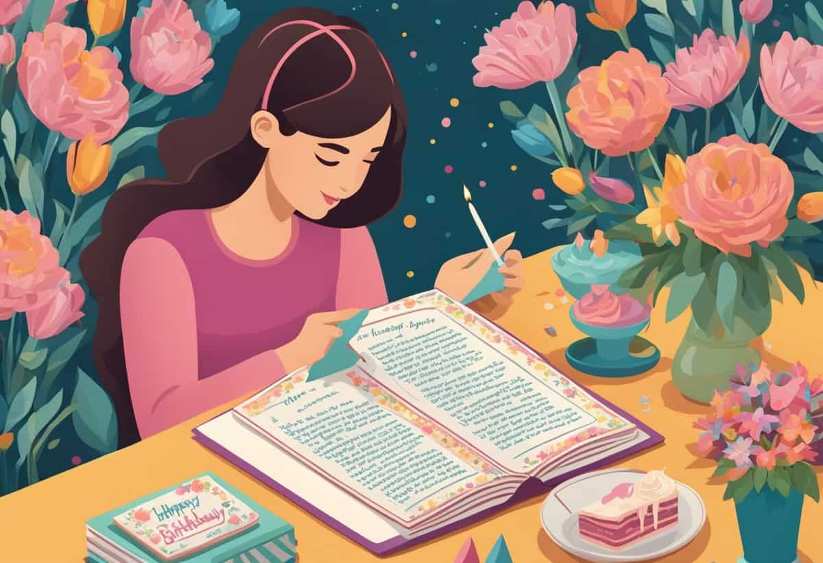 A woman writing in a journal surrounded by vibrant flowers and a slice of cake.