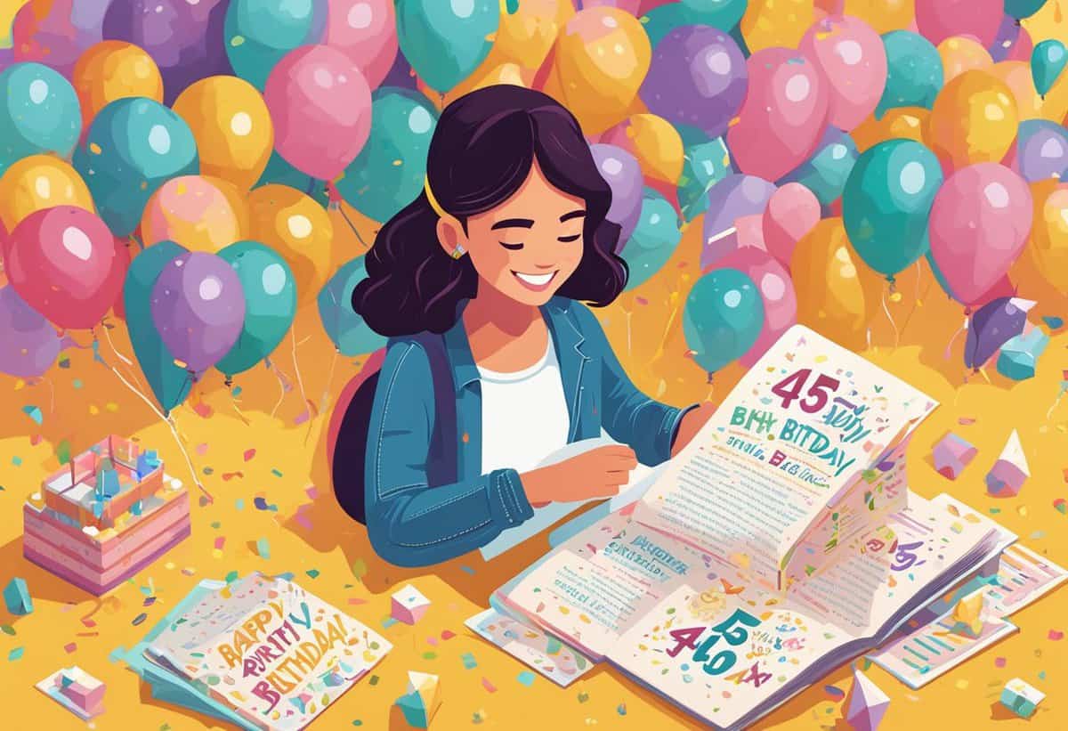 A smiling woman reading a birthday card surrounded by colorful balloons and confetti.