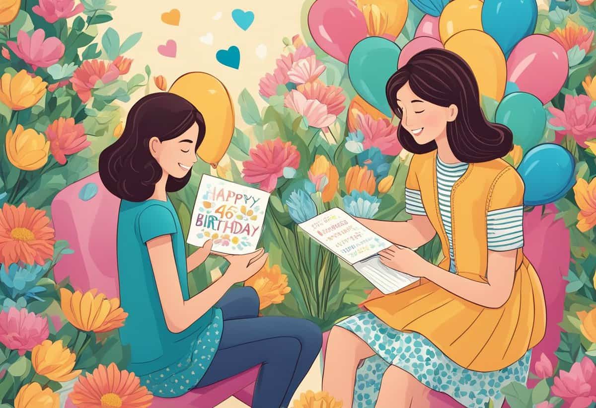 Two girls happily sharing a birthday card amidst a colorful background of balloons and flowers.