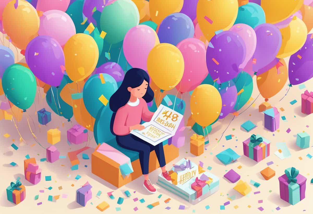 A woman sitting and reading a card surrounded by colorful balloons and scattered gift boxes.