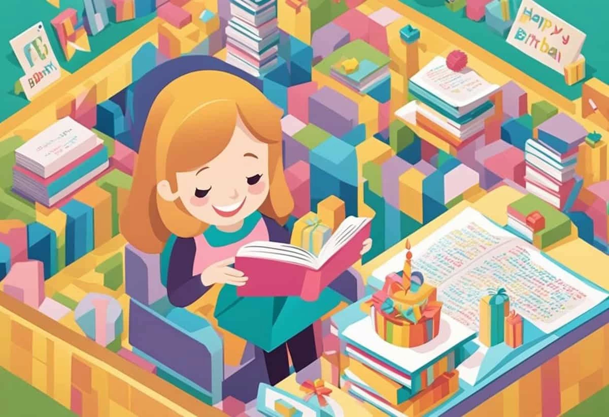 A girl reading a book surrounded by stacks of colorful books and a piece of cake with candles.