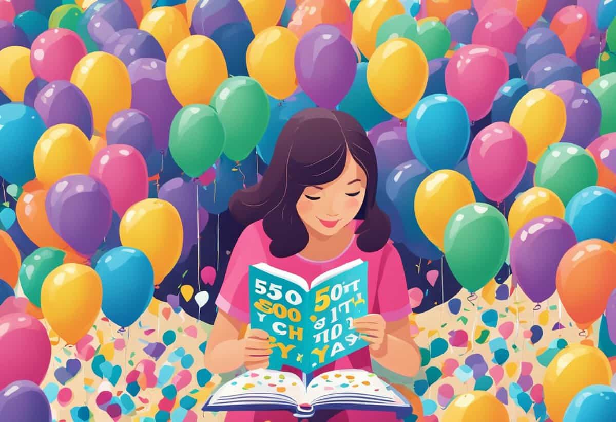 A girl reading a book surrounded by colorful balloons.