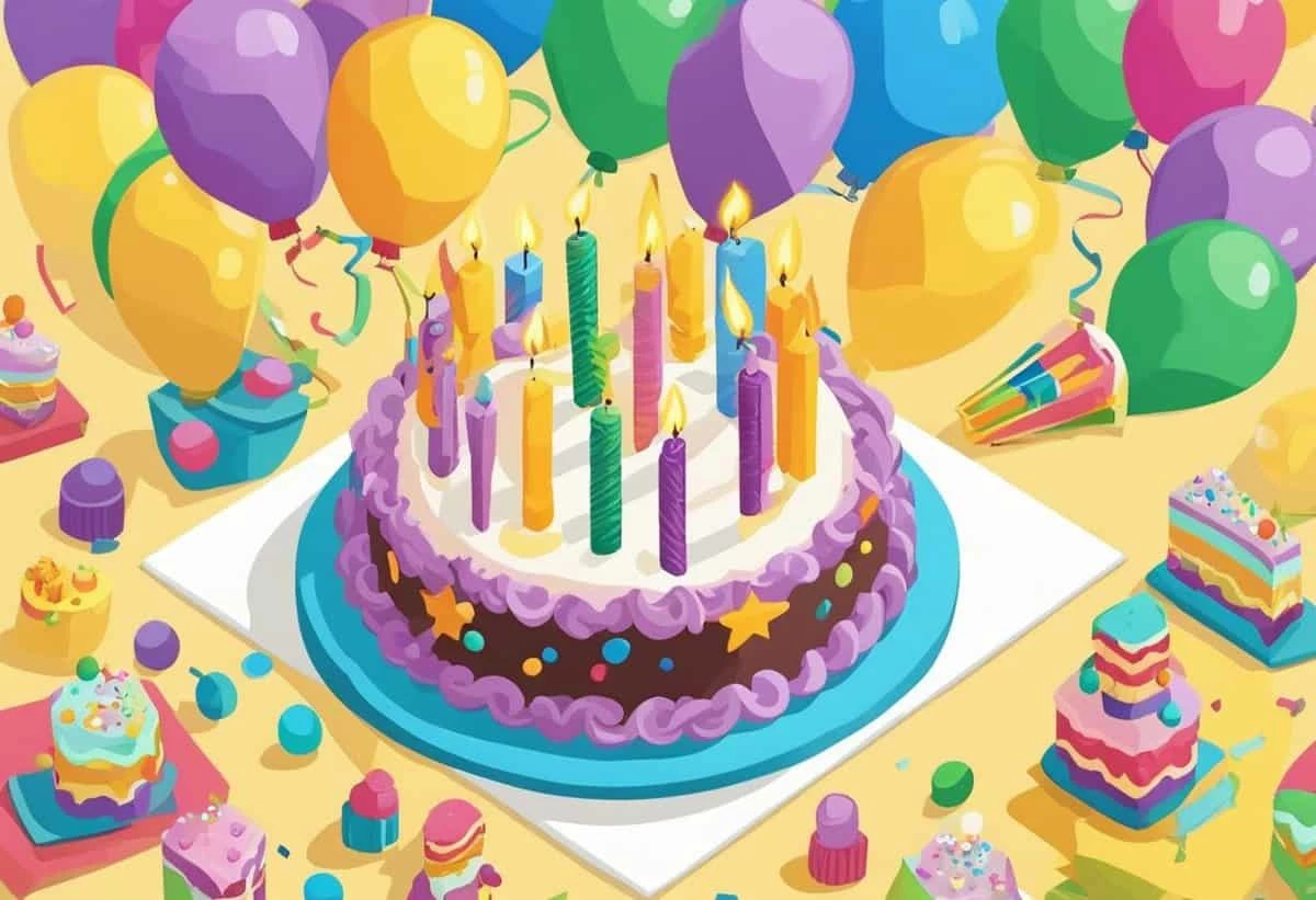Colorful birthday celebration with a lit candle cake and decorations.