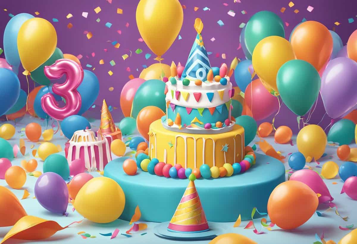 A colorful third birthday celebration scene with a decorative cake, balloons, and confetti.