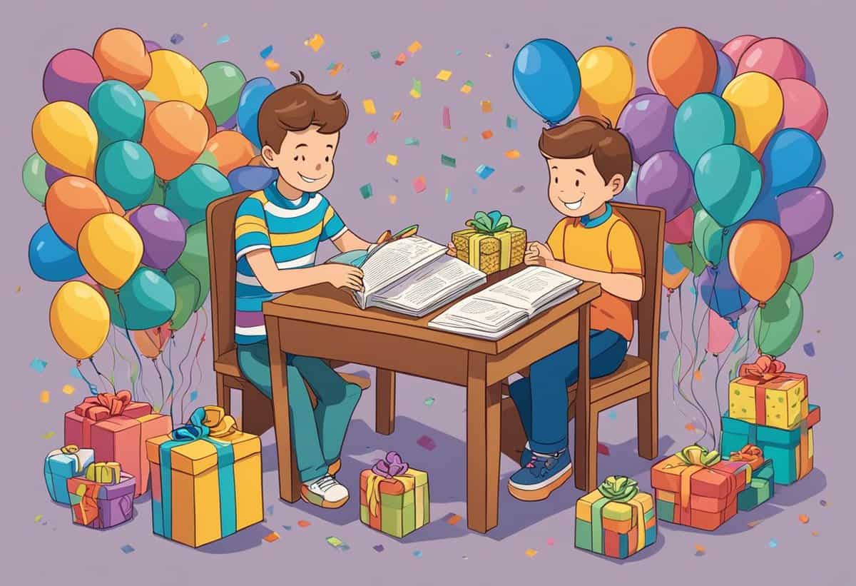 Two children happily studying at a table surrounded by colorful balloons and gift boxes.