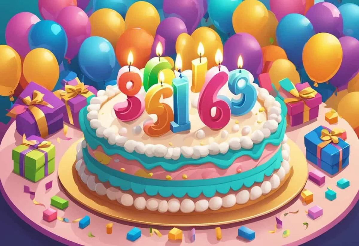 Colorful birthday celebration with a cake displaying the numbers 9516 and surrounded by balloons and gifts.