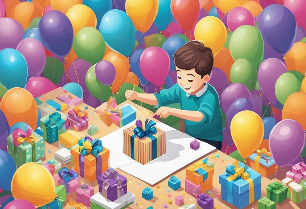 A boy happily unwrapping a gift amidst a sea of colorful balloons and presents.
