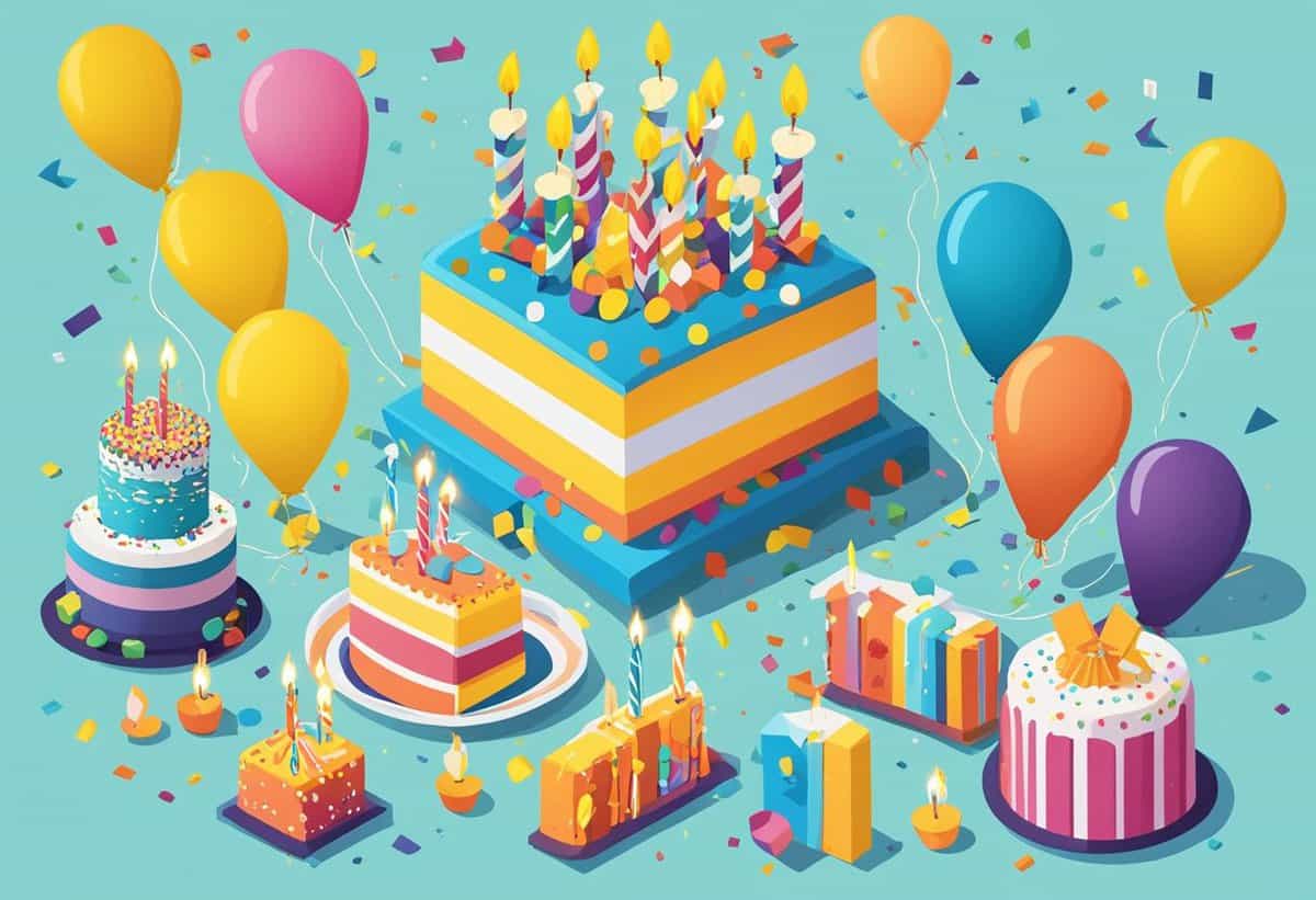 Colorful birthday cakes and balloons with lit candles in a celebratory illustration.