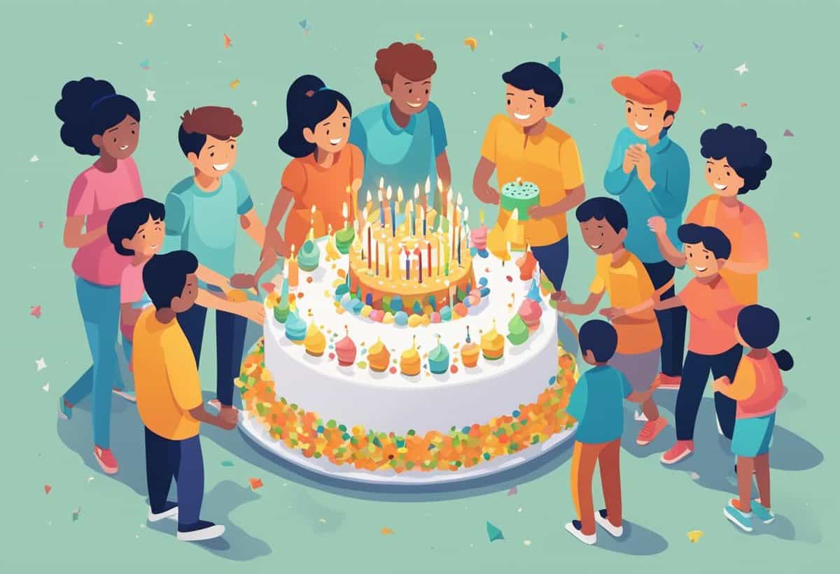 A group of people celebrating around a large birthday cake with candles.