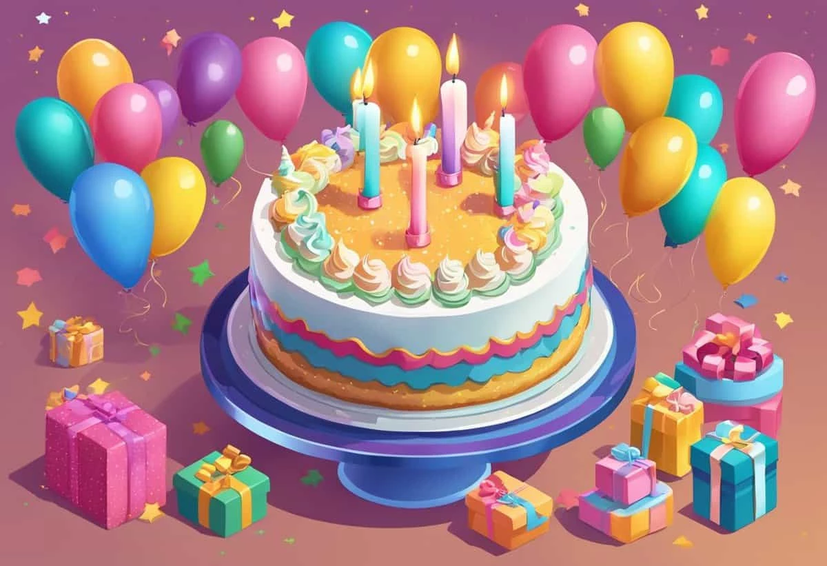 A colorful birthday cake with lit candles, surrounded by balloons and gifts on a pink background.