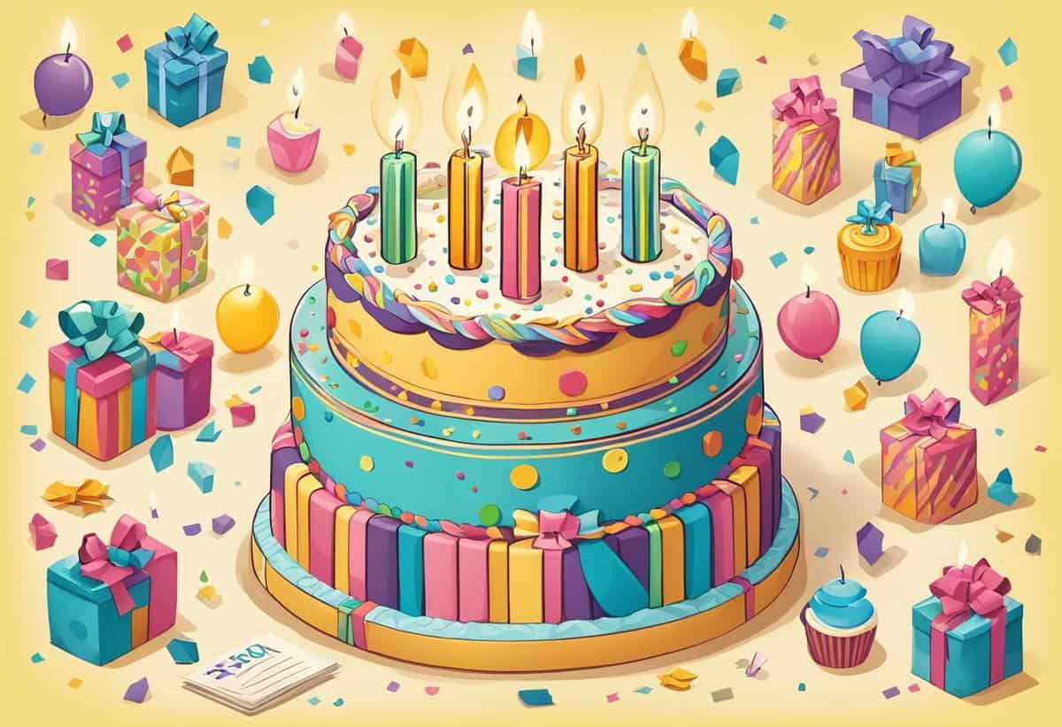 A colorful birthday celebration theme with a large cake, lit candles, and multiple wrapped gifts.