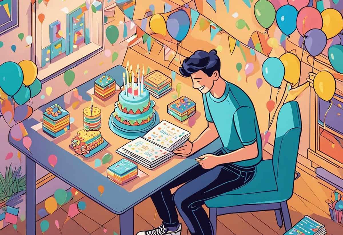 A person sitting at a table surrounded by multiple colorful birthday cakes and decorations.