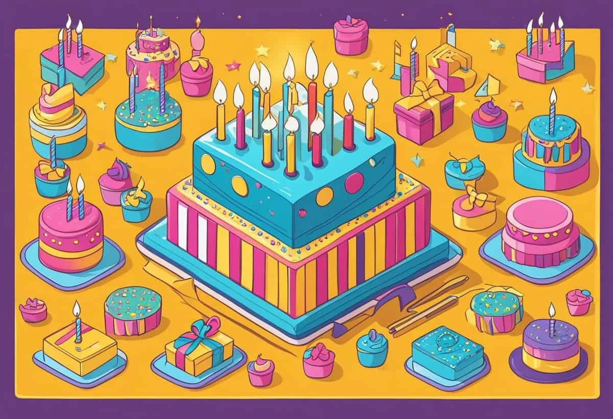 A colorful assortment of birthday cakes, candles, and presents in a playful, cartoonish illustration.