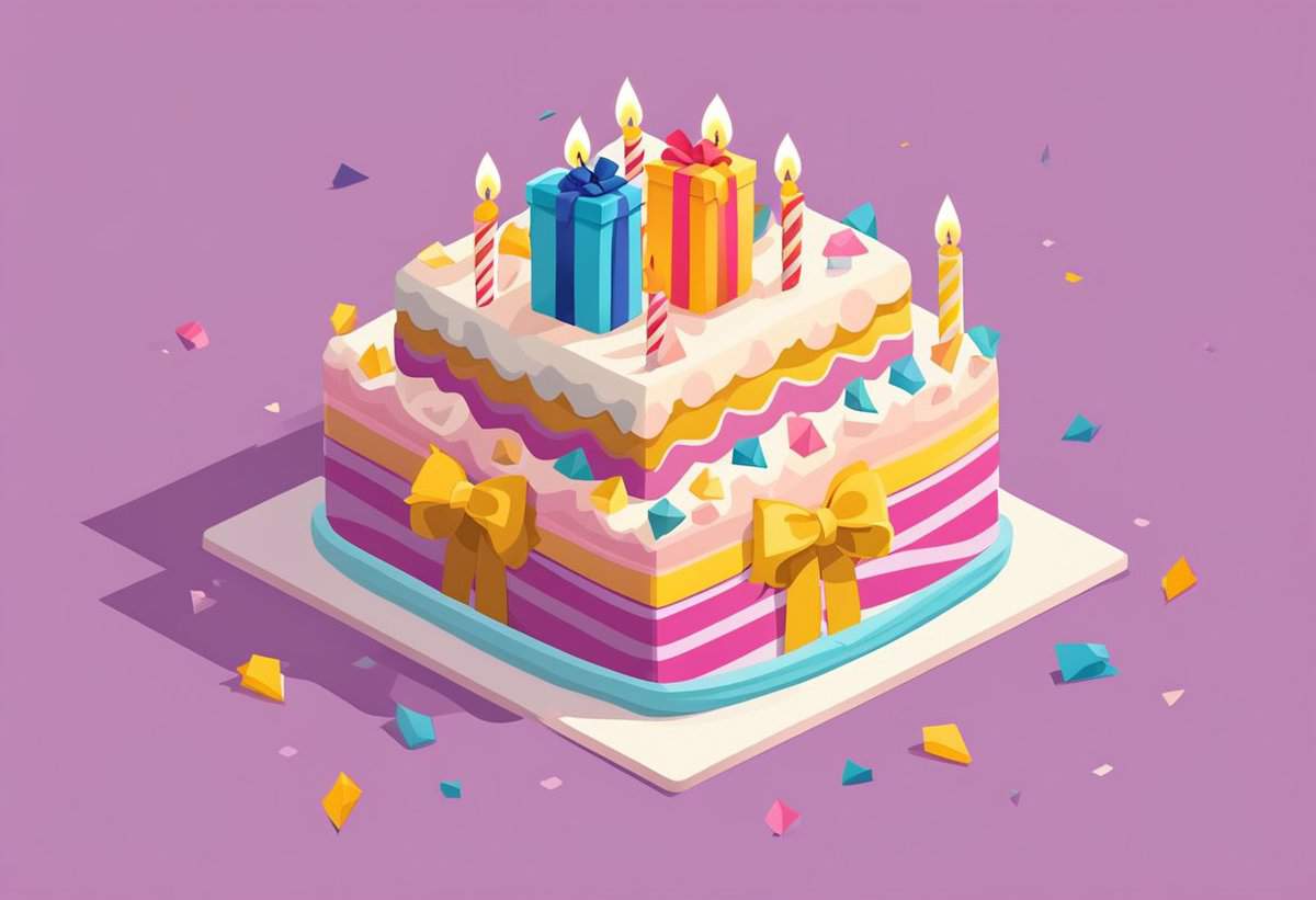 A colorful illustrated birthday cake with candles and decorative bows on a purple background.