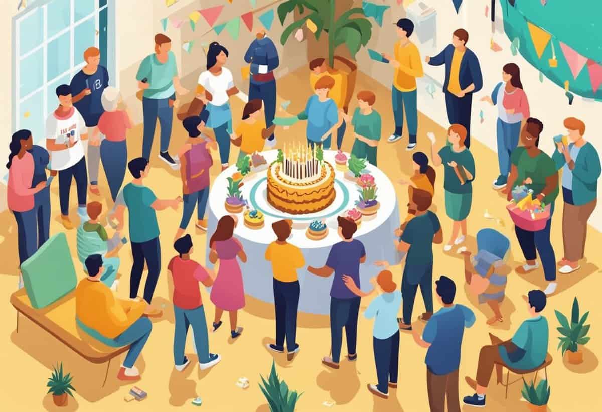 Group of people celebrating a birthday party with a large cake in a room decorated with banners.