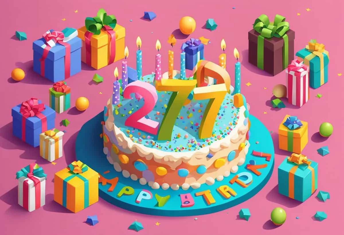 A colorful birthday celebration scene with a cake displaying the number 27 surrounded by gifts and confetti.