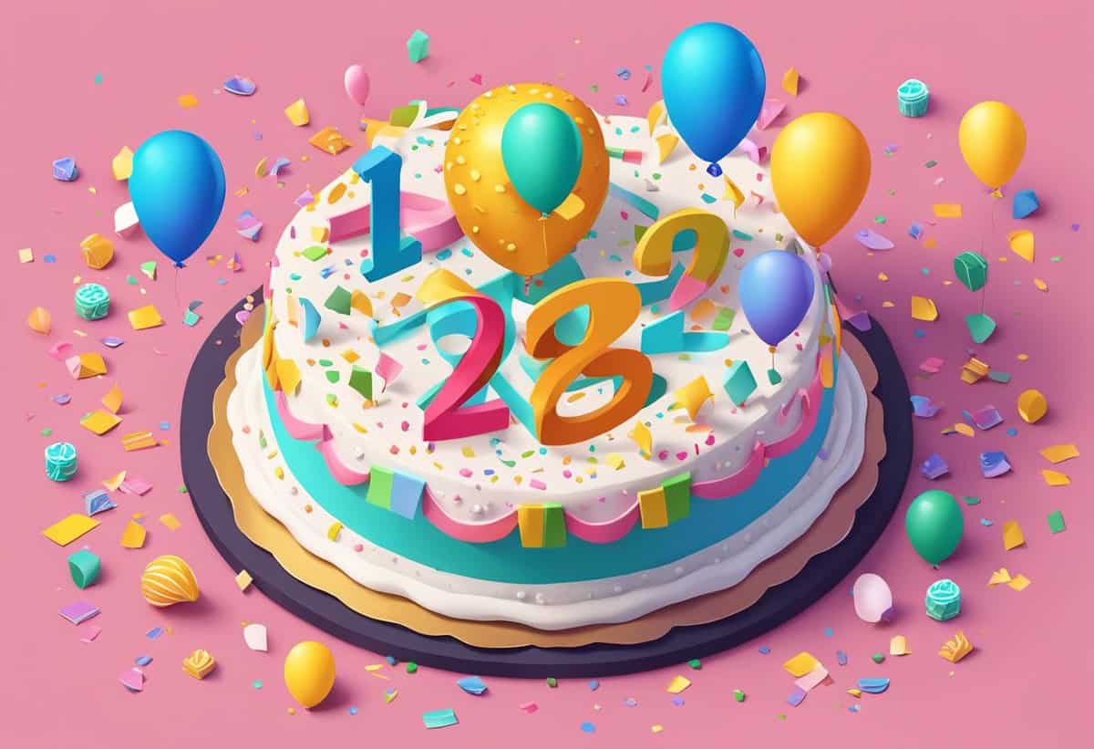 A celebratory image featuring a colorful birthday cake with the numerals 1, 2, and 8 on top, surrounded by balloons, confetti, and streamers on a pink background.